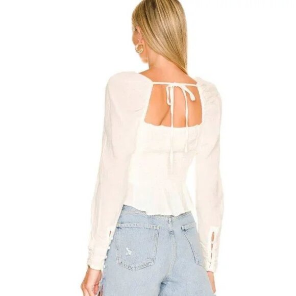 NWT FREE PEOPLE Chloe Ivory Cropped Peplum Smocked Peasant Top M - Picture 2 of 6